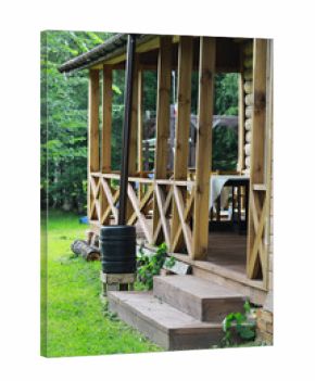 Cozy Wooden Cabin Porch with Rustic Charm in a Forest Setting