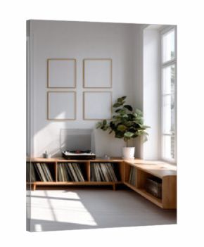 Modern living room with sunlight, wooden furniture, vinyl records, record player, potted plant, and empty picture frames on white wall