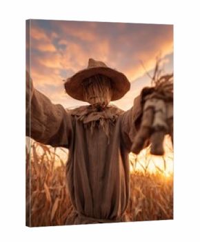 Scarecrow standing in cornfield at sunset protecting harvest. Scarecrow standing in a cornfield at sunset, a guardian for crops
