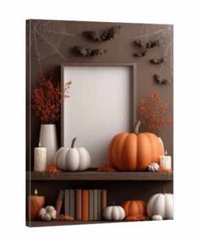 Autumn Halloween home decor featuring pumpkins, candles, and a blank picture frame on a mantel