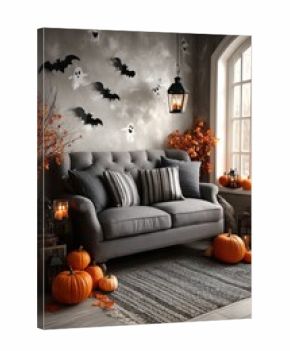 Cozy Halloween living room with pumpkins, bats on the wall, and warm candle lanterns decor