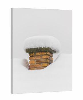 Brick chimney with a thick rounded snow cap protruding from a smooth deep snowdrift against a pale hazy sky