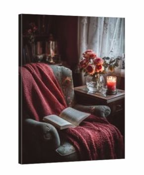 Cozy armchair with folded red blanket and open book, next to candle and roses. Gentle window light sets a quiet romantic tone.