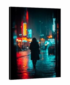 Woman walking alone on wet street reflecting neon lights. Woman walking away on an empty city street at night with colorful light reflections