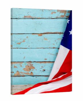 Usa flag on old blue wooden wall with copy space