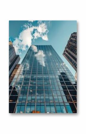 corporate office building with sleek glass exterior blending with surrounding cityscape