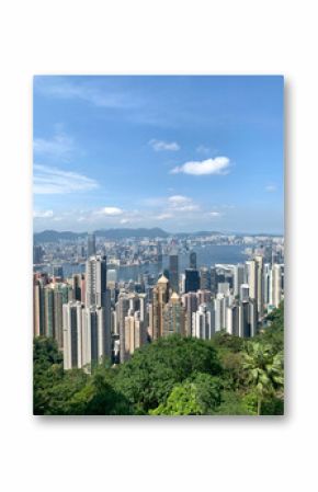 Hong Kong cityscape, commercial and residential buildings, river aerial view