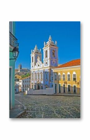 Historic district of Salvador de Bahia with colorful colonial buildings and a historic church