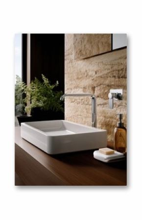 Modern bathroom with minimalist design, natural lighting, and a view of outdoor greenery