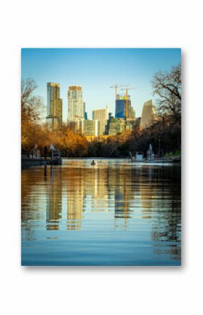 City skyline of Austin Texas from the swimming pool at Barton Springs in Zilker metropolitan park
