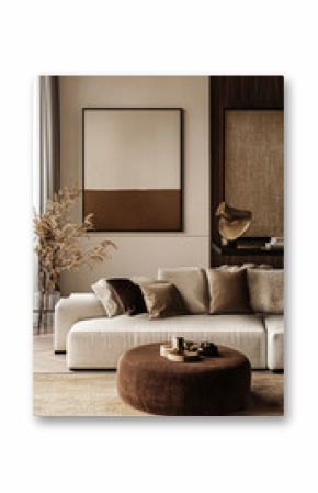 create a mood board with modern, transitional design with brown and gold accent colors and brown, white and beige mocha mousse color palette