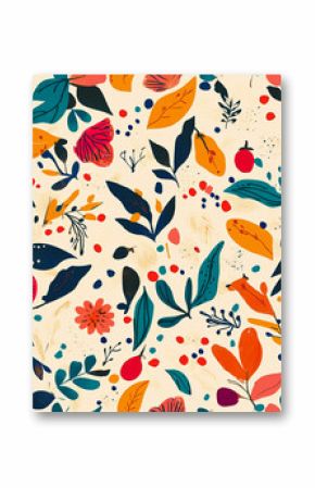 Colorful illustration with abstract shapes, leaves, flowers, and dots on a beige background