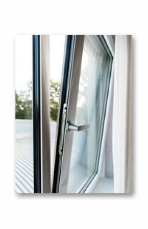 Tilted PVC window showcasing energy-efficient double-glazed glass, secure handle, and premium craftsmanship. Natural light highlights its modern design