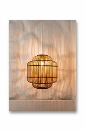 Elegant woven pendant light casting warm shadows in a modern interior space