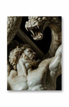 Hercules kills the Lernaean Hydra. Ancient Greek and Roman mythology. Marble statue. Vertical image.