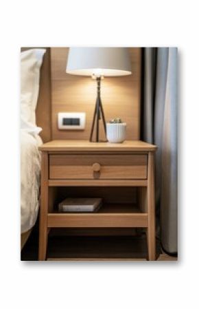 A neatly made bed and nightstand in a cozy bedroom setting