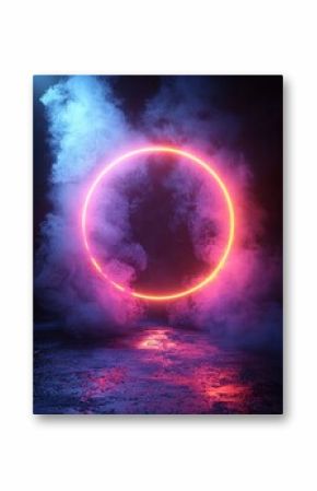 Glowing Neon Circle Enveloped in Vibrant Purple and Cyan Gradient with Subtle Misty Aura on Dramatic Dark Background