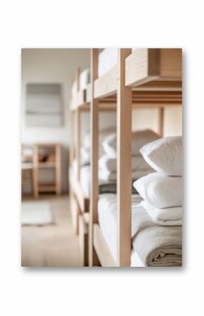 A shared dormitory space displays wooden bunk beds neatly arranged. Basic linens are stacked on each bed, accompanied by small storage lockers underneath, fostering a communal atmosphere