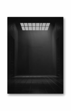 A dimly lit 3D prison hallway with bars and a skylight casting a dramatic beam of light