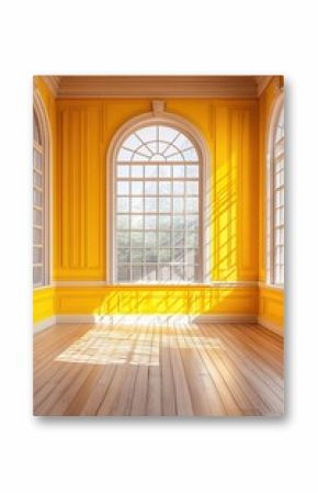 Bright yellow room with large arched windows and hardwood floor bathed in sunlight