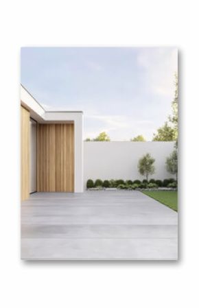 Modern outdoor patio with wooden accents and manicured garden landscape in bright daylight