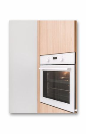 Modern kitchen design featuring a sleek built-in oven in an apartment setting