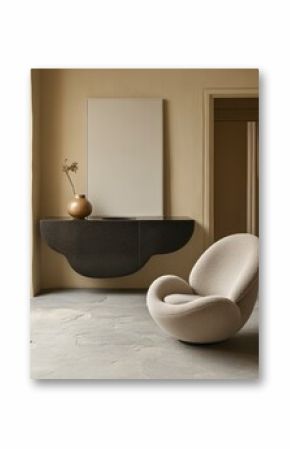 Beige and brown minimalist interior design featuring a modern console table and a sculpted armchair. The table is suspended above the floor and has a