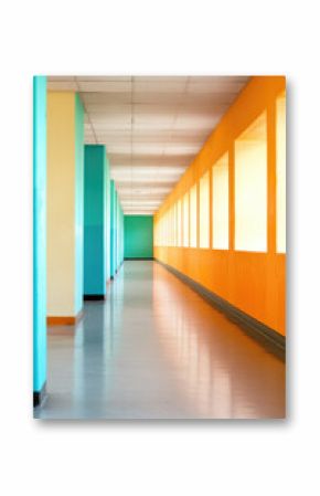 An empty hallway of educational institution with colored painted walls. School or kindergarten, corridor interior