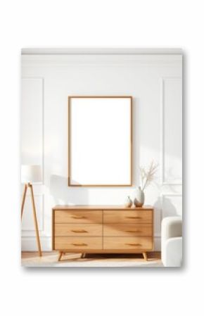Blank picture frame mockup in home interior design living room commode with lamp and vases view of modern scandinavian style interior with artwork template on a white wall wall art mockup interior wal