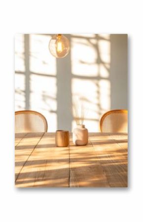 Minimalist Sunlit Conference Setup Rattan Chairs and Wooden Table with Ceramic Decor - Contemporary Office Design and Collaborative Work Inspiration