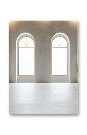 Bright and minimalistic interior with two large windows and a plant in a modern space