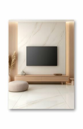 Living room with TV, beige walls and sofa, for real estate marketing use. Generative AI