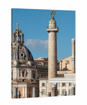 Trajans column. Ancient Rome cityscape landmark. Roman forum monument. Italy