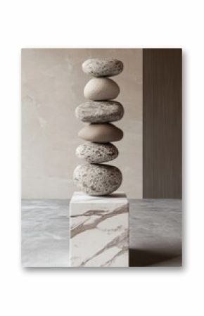 Stacked stones symbolize balance and tranquility, resting atop a modern marble cube in a serene, minimalist composition.