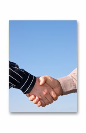Two people doing handshake on blue sky bacground