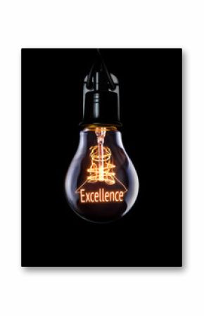 Hanging lightbulb with glowing Excellence concept.
