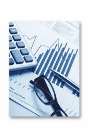 Calculator, Pen and Eyeglasses on Business Graphs
