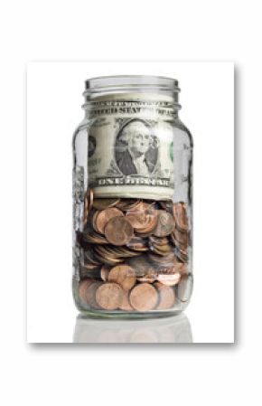 jar full of pennies and dollar bills 