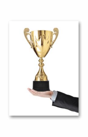 Man hand with golden trophy in palm. Isolated on white
