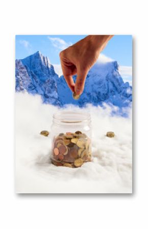 surreal putting euro coins in a big jar