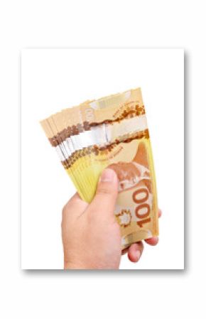 A hand with Canadian 100 Dollar, isolated on white background