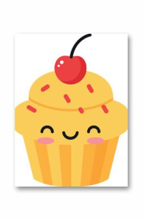 Cute happy cupcake with cherry and sprinkles in flat minimal style vector illustration