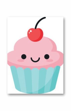 Cute smiling cupcake with pink frosting and cherry on top in flat design vector illustration