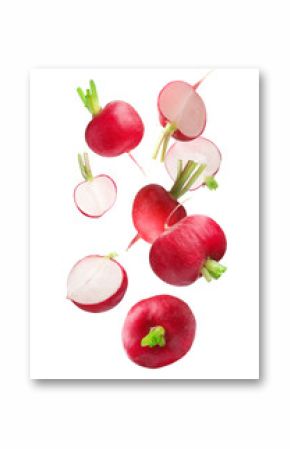Fresh ripe radishes falling on white background
