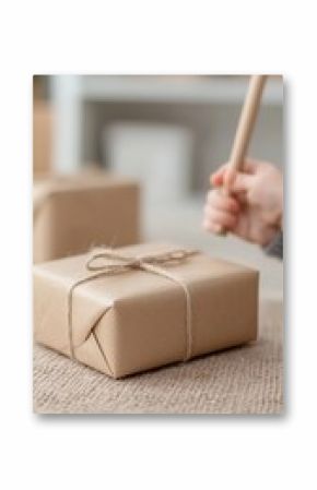 Child's Hand with Wooden Stick Near a Brown Kraft Paper Gift Box