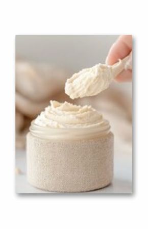 Close Up of Creamy Beige Body Cream in Textured Jar with Wooden Spoon