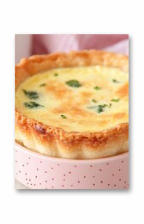 Golden Crust Quiche with Spinach Filling in Pink Dish