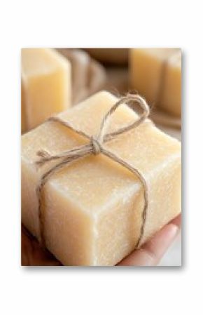 Hand Holding a Small, Wrapped Beeswax Soap Bar