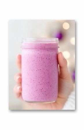 Hand Holding Vibrant Pink Smoothie in Clear Mason Jar