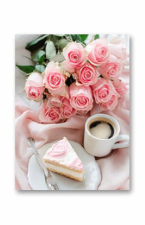Delicious slice of cake with pink frosting accompanied by fresh pink roses and a warm cup of coffee : Generative AI